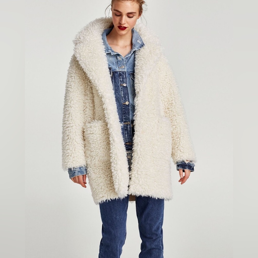 NWT Zara white textured curly knit teddy coat S - Picture 3 of 9